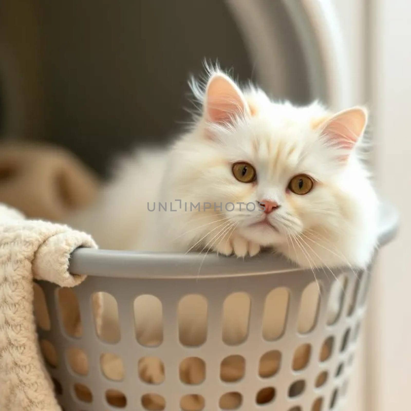 Fluffy cat basket, white cute pet animal home. High quality photo