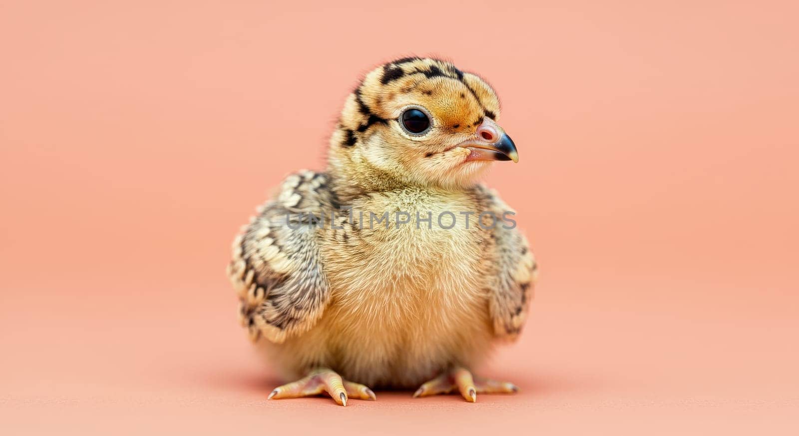A cute, fluffy quail chick stands against a soft pastel background, its delicate features and curious expression. the image emphasizes the chick's patterned plumage and bright eyes, evoking a sense of innocence and new life.