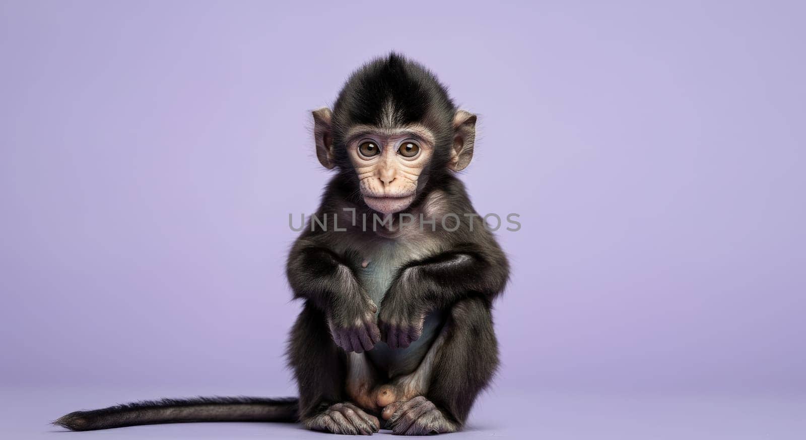 Young monkey seated against a soft lavender backdrop, with wide, curious eyes and delicate features, evoking a sense of innocence and wonder. the image highlights wildlife conservation and biodiversity.