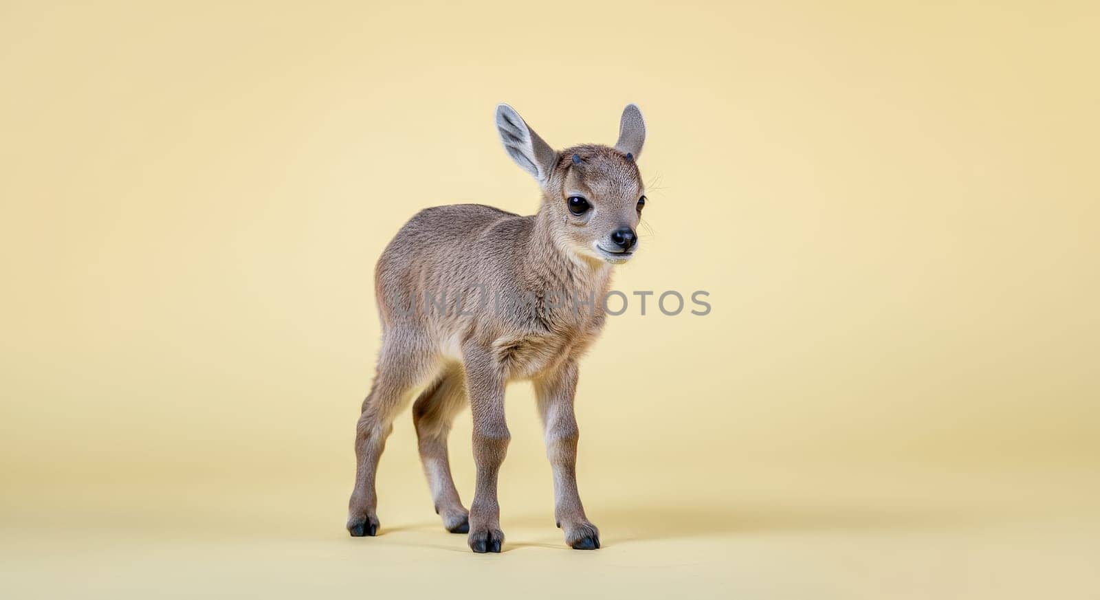 A young antelope stands against a soft yellow backdrop, capturing the delicate innocence and beauty of wildlife. ideal for animal-themed designs, this serene image highlights the gentle nature of the baby antelope.