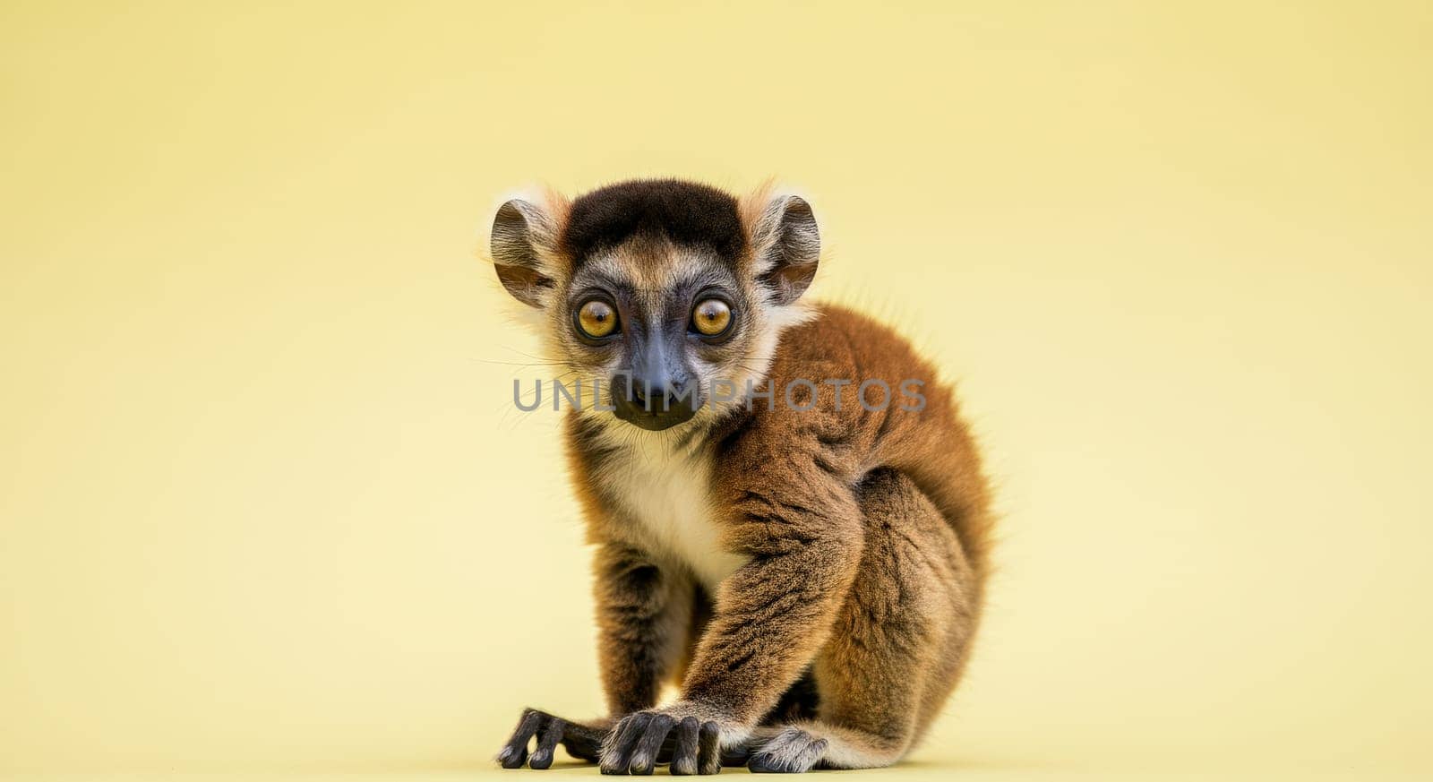 Young lemur with wide eyes posed on a soft yellow backdrop, its vibrant fur and curious expression. ideal for wildlife themes, educational content, and nature-focused design projects.