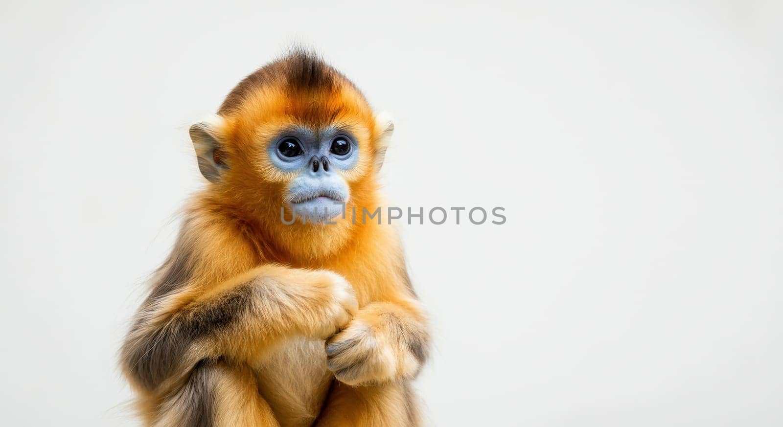 A young, vibrant golden snub-nosed monkey is showcased with its striking orange fur and expressive blue face. its curious gaze and distinct facial features are set against a plain, light backdrop.