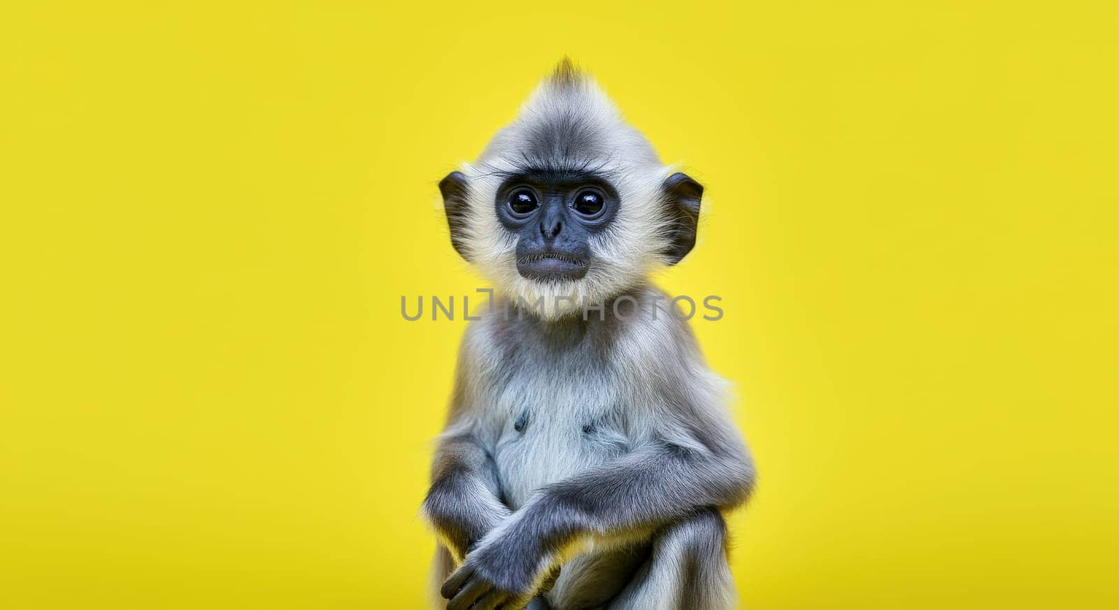 Young langur monkey sits attentively, showcasing its soft, gray fur and expressive eyes. the bright yellow backdrop enhances the monkey's curious demeanor, its distinctive facial features and playful nature.