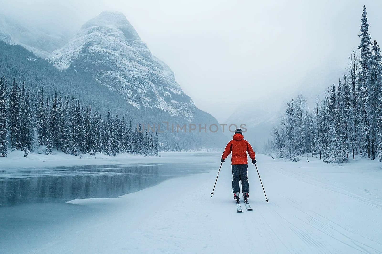 A skier on a walk in a mountainous area with a river and snowy forest.