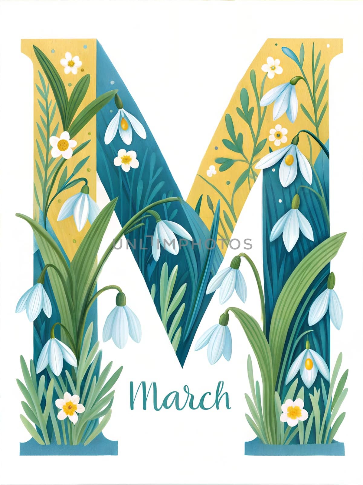 Big letter M - March. Hello March typography for calendar, poster, greetings card. March illustration isolated on white background. ai generation