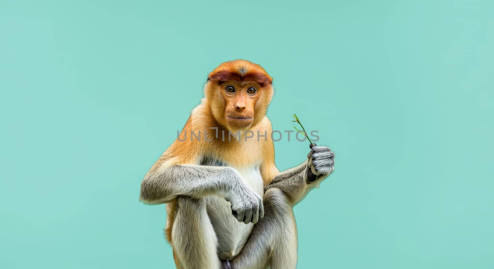 Proboscis monkey seated against a soft green backdrop, holding a twig with an inquisitive expression. highlights unique features such as long nose and vibrant fur, emphasizing its role in wildlife studies and conservation.