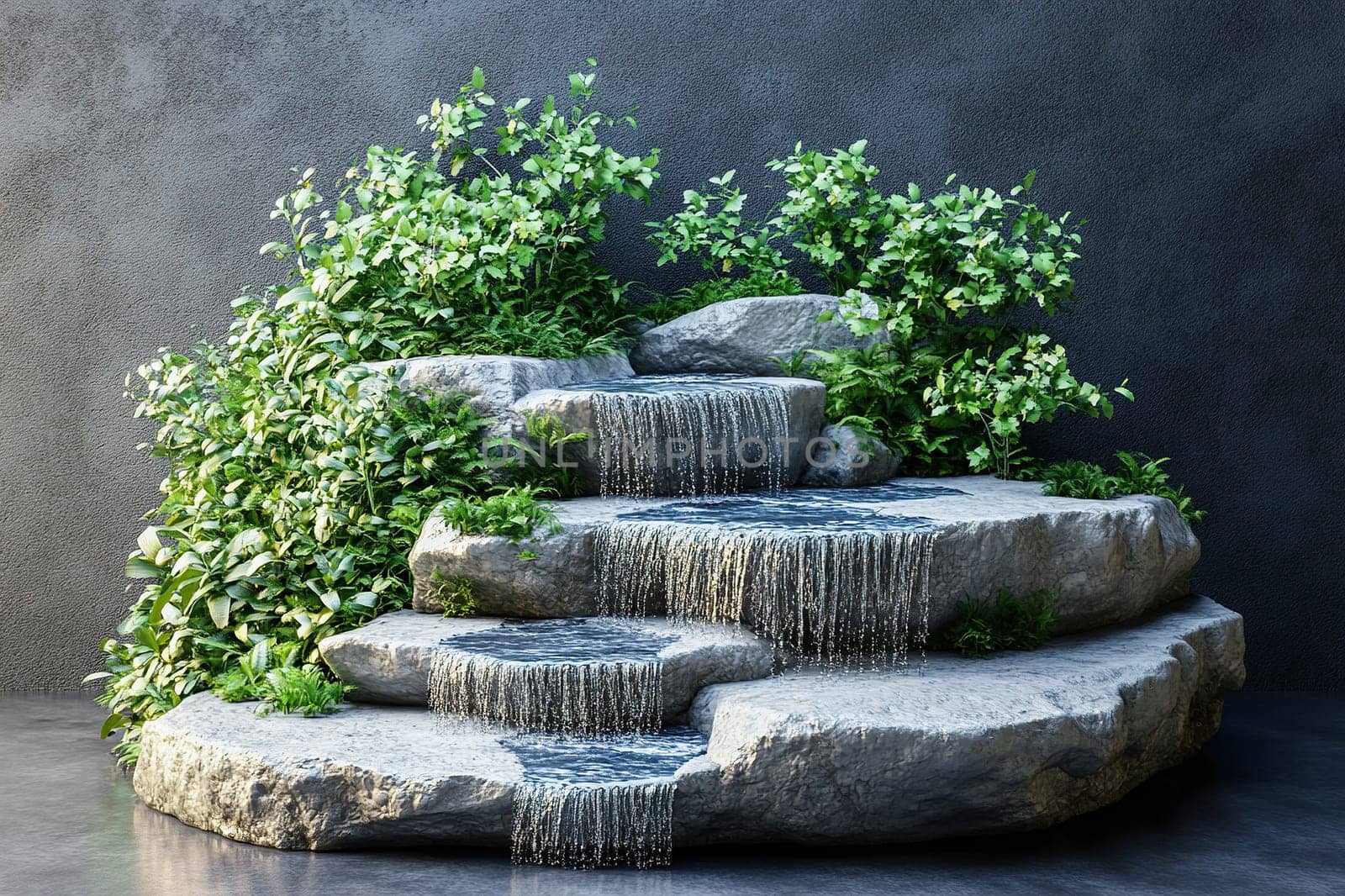 Stone installation in the form of podiums with greenery and waterfalls.