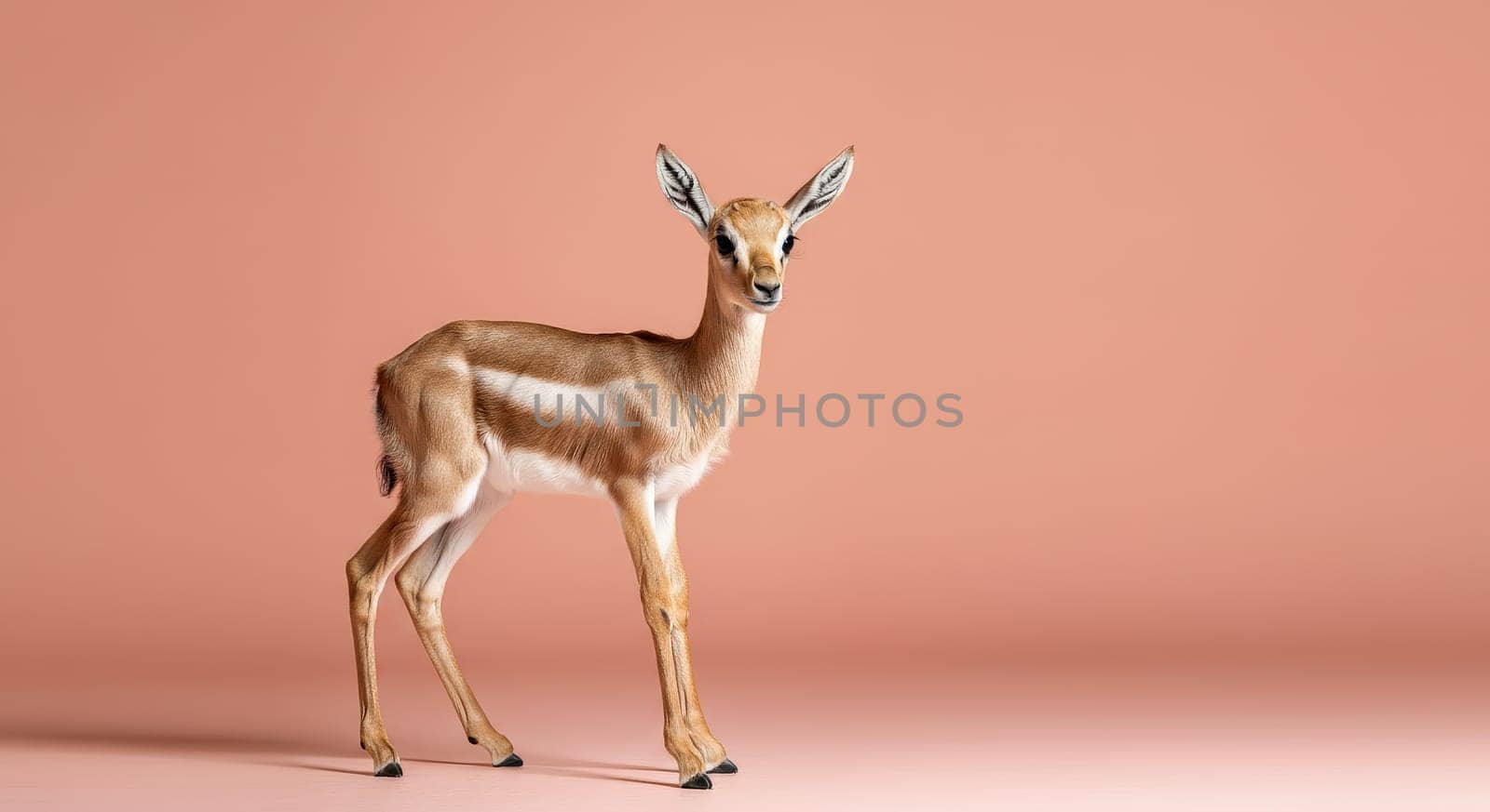 Young gazelle stands elegantly on a soft pink background, showcasing its slender legs and delicate features. perfect for nature-themed designs, posters, or educational materials, wildlife beauty.