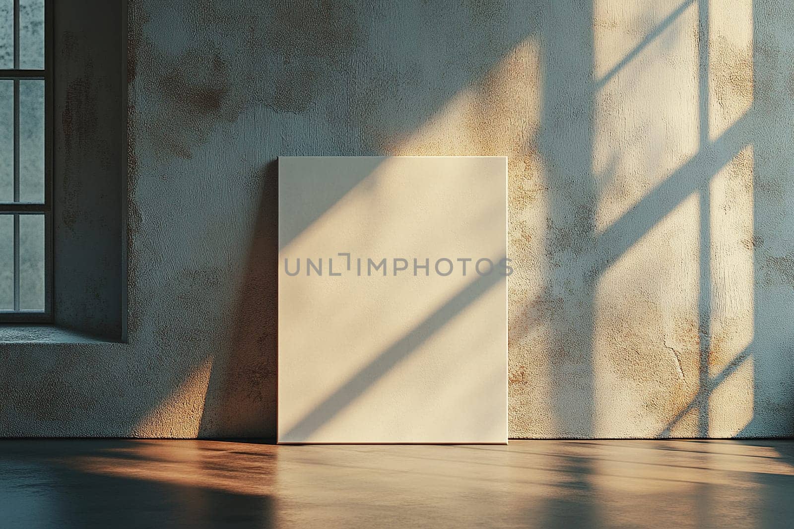 A white blank canvas sits on a wooden floor against a textured concrete wall.