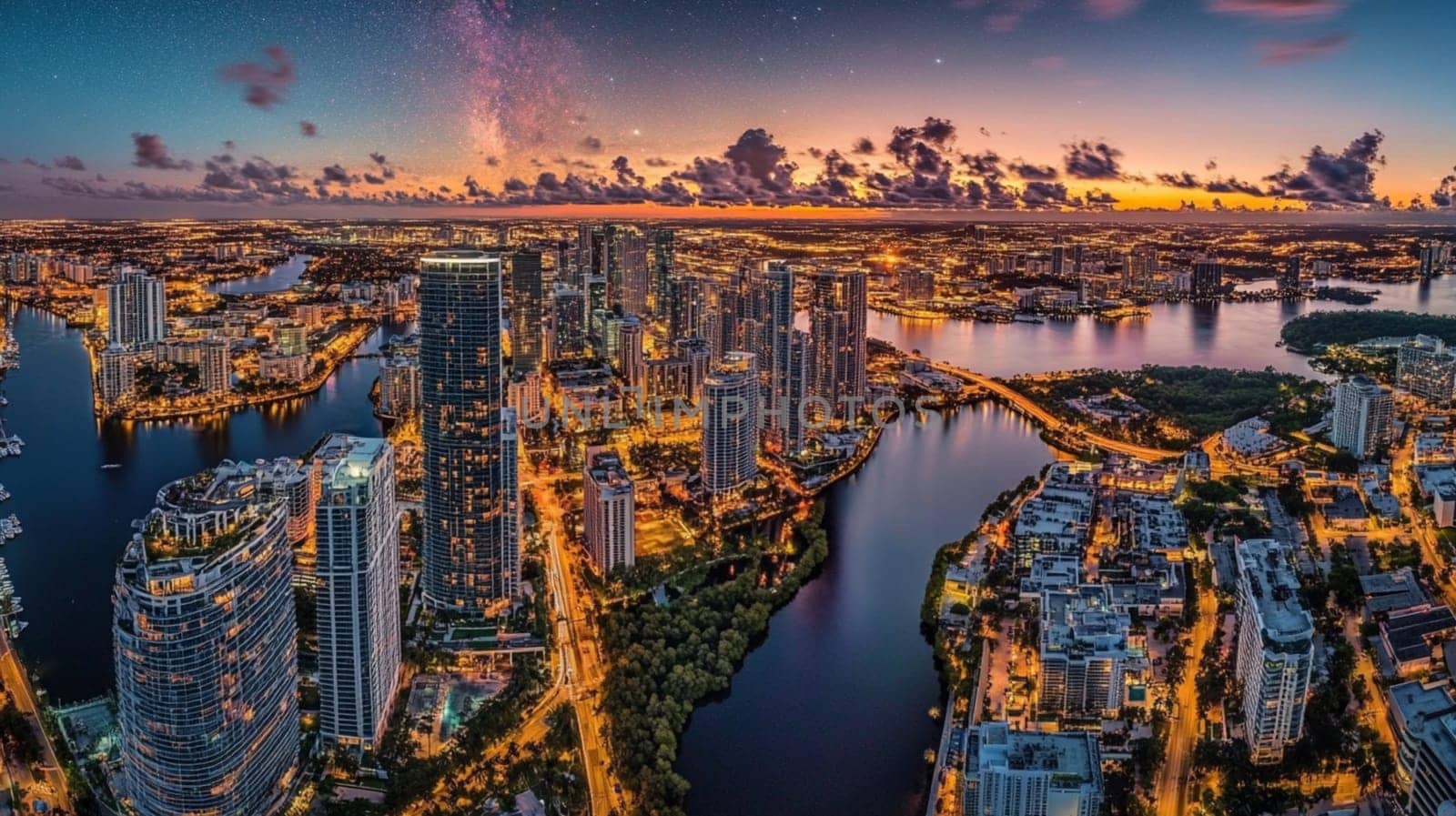 A stunning aerial view of a vibrant city skyline at sunset, showcasing tall skyscrapers along a winding river. The sky is filled with colorful clouds and stars beginning to appear, reflecting on the water's surface. The scene captures the beauty of urban life and nature coexisting.