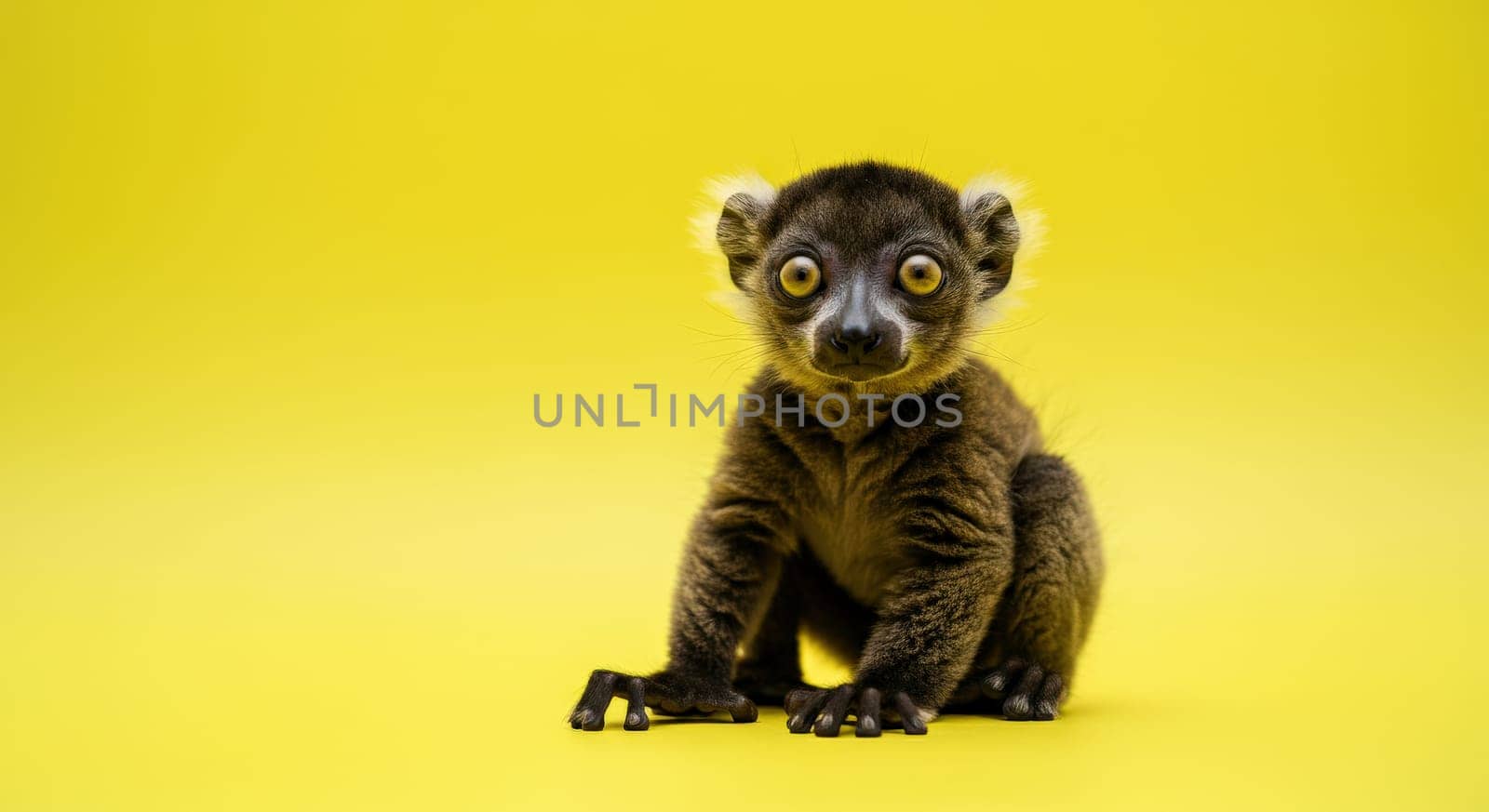 A charming lemur sits against a bright yellow background, showcasing its curious expression and vibrant eyes. perfect for themes related to wildlife, nature, or environmental awareness.