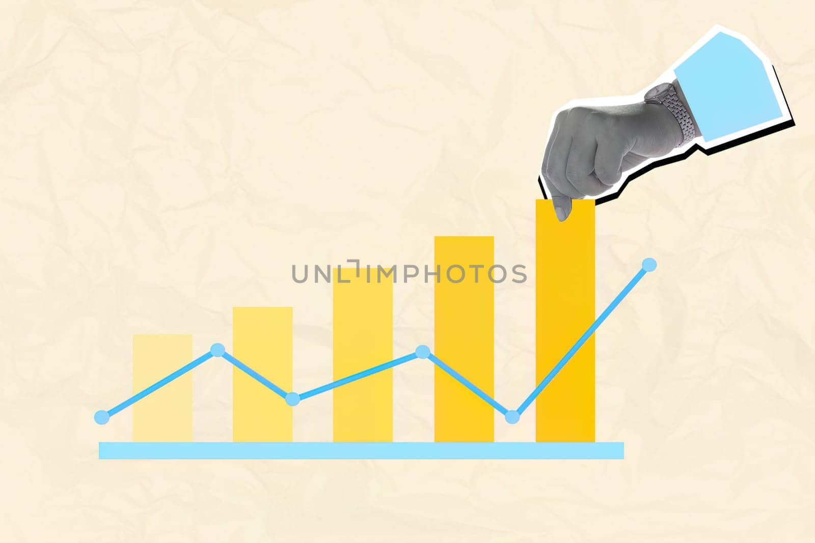 A visually compelling collage showcasing growth concepts through bar graphs and analytical elements, merging art and data visualization.