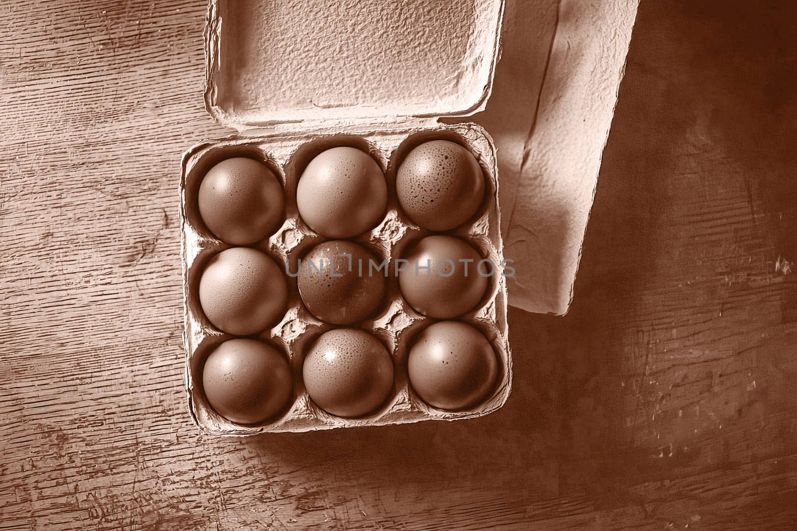 Cardboard packaging with chicken eggs in the color mocha mousse. Color of the Year 2025.