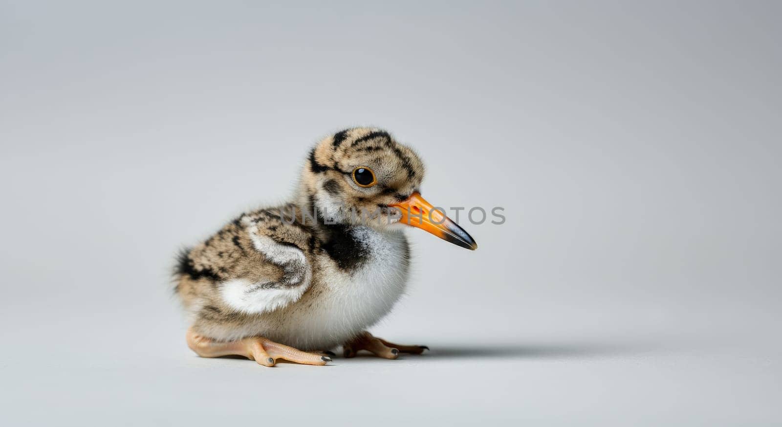 A charming baby bird with a vivid orange beak and fluffy plumage sits on a neutral backdrop. the tiny creature's distinctive markings and delicate features are highlighted in soft, natural lighting.