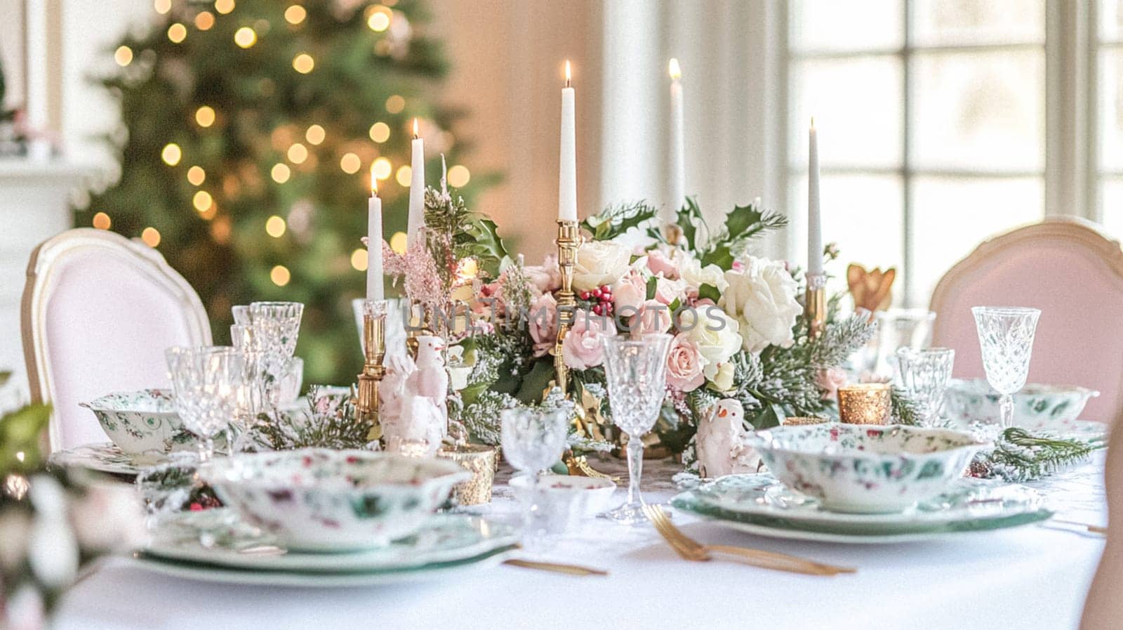 Christmas tablescape decoration, formal family dinner holiday celebration, luxury table setting decor, English country and home style idea