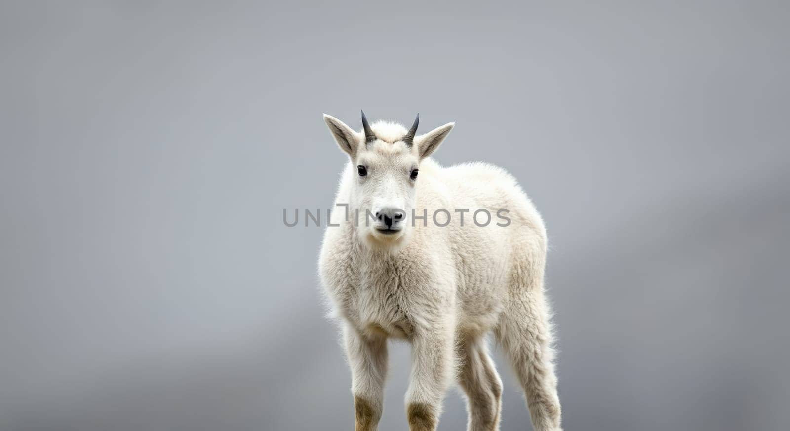 Mountain goat standing on a rugged cliffside, displaying its natural grace and sturdy build. the soft light highlights its white fur against the muted rocky background, emphasizing its serene environment.