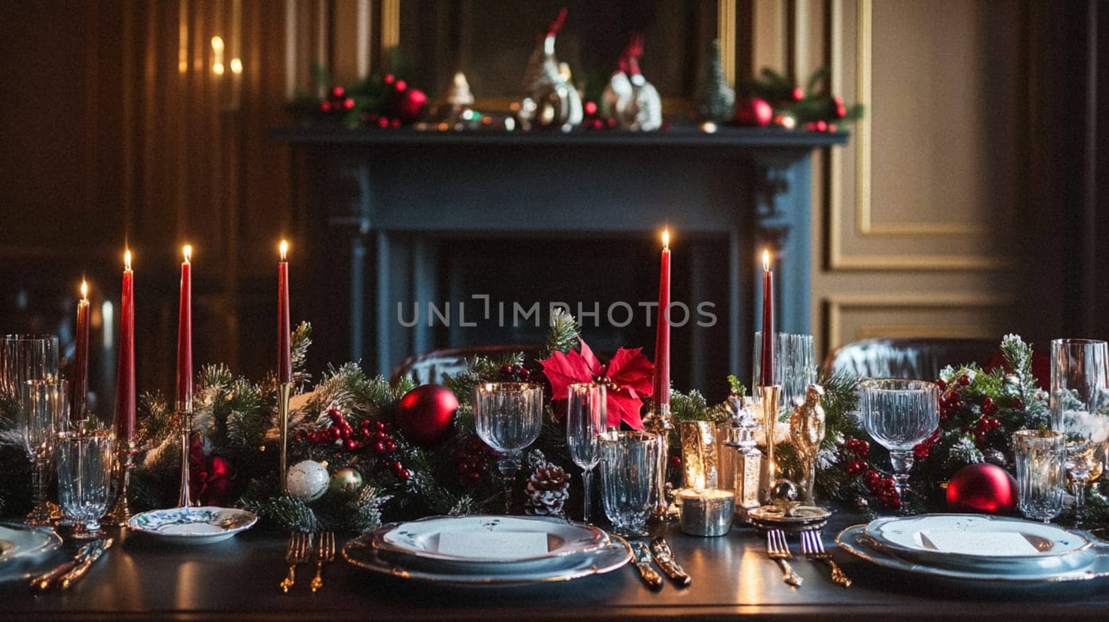 Christmas tablescape decoration, formal family dinner holiday celebration, luxury table setting decor, English country and home style idea