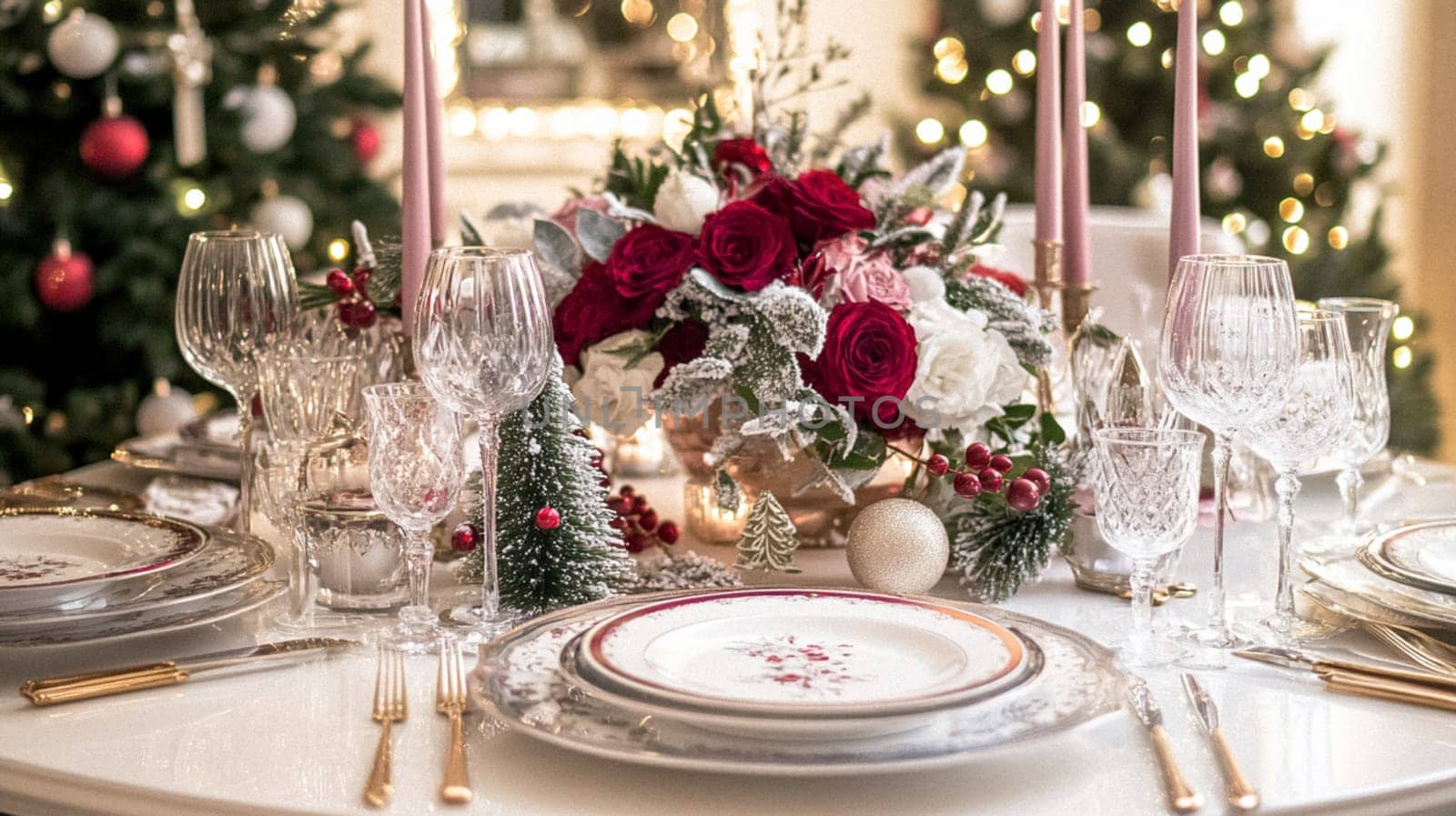 Christmas tablescape decoration, formal family dinner holiday celebration, luxury table setting decor, English country and home style idea