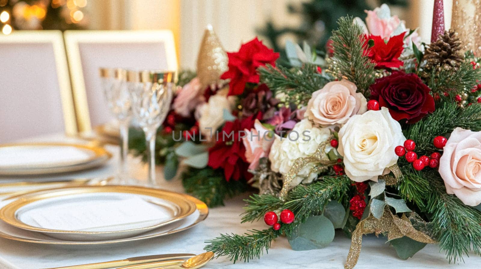 Christmas tablescape decoration, formal family dinner holiday celebration, luxury table setting decor, English country and home style idea