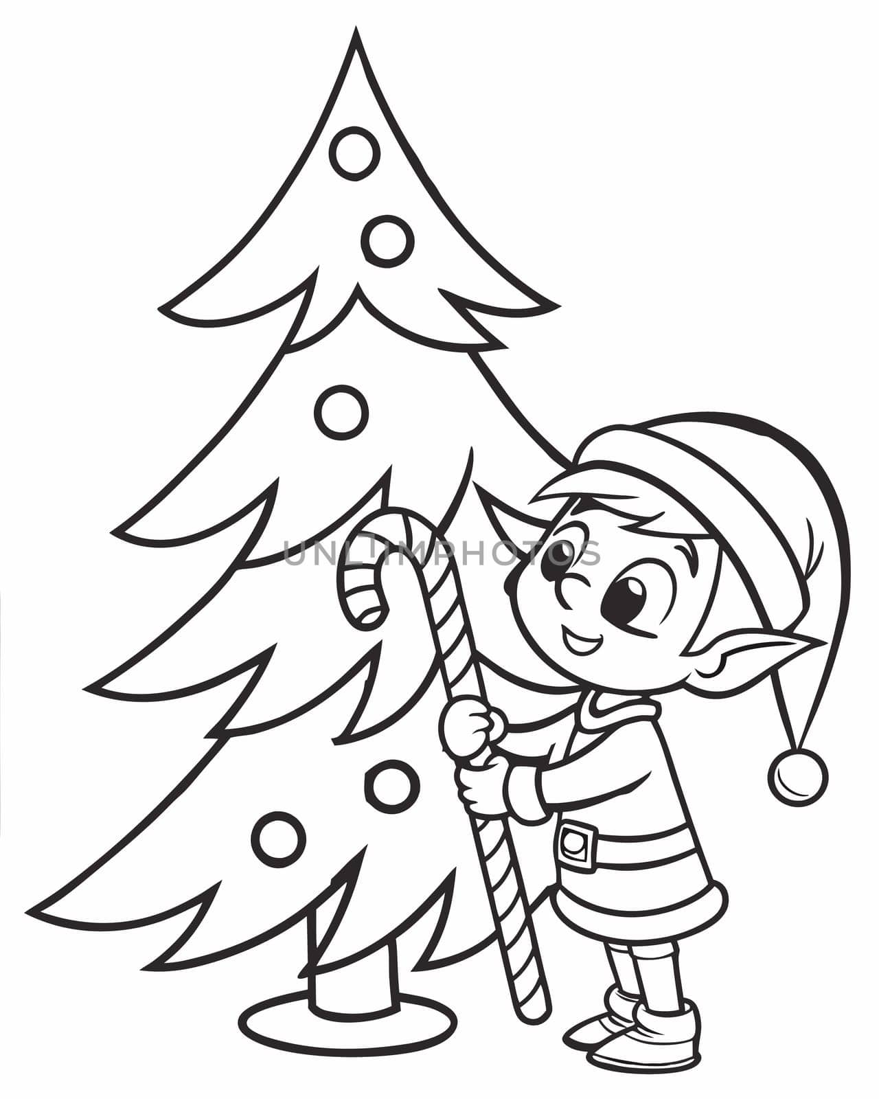 Winter mood coloring page. Christmas coloring book with elf holding big candy cane near the Christmas tree. Printable coloring page for children. Ai generated