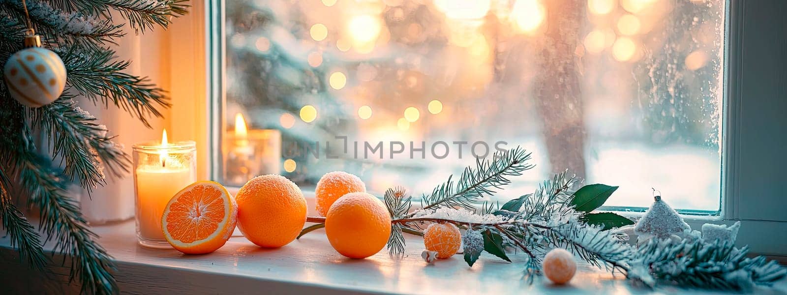 Spruce branch and tangerines on the windowsill. Selective focus. Food.