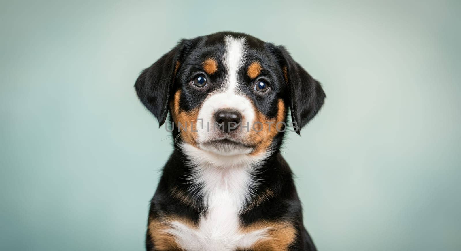 A charming tricolor puppy sits attentively against a soft pastel backdrop. the young dog's expressive eyes and fluffy fur highlight its playful innocence, offering an endearing glimpse into the world of pets and animal companionship.