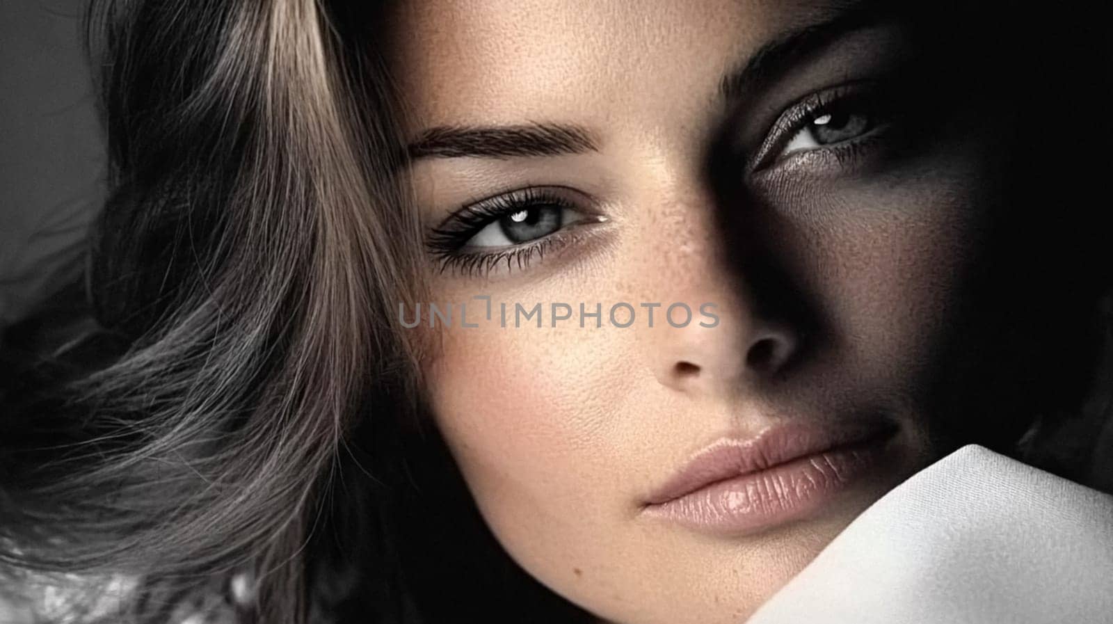 Woman with bright eyes and soft freckles, her expression exuding a captivating blend of mystery and elegance idea