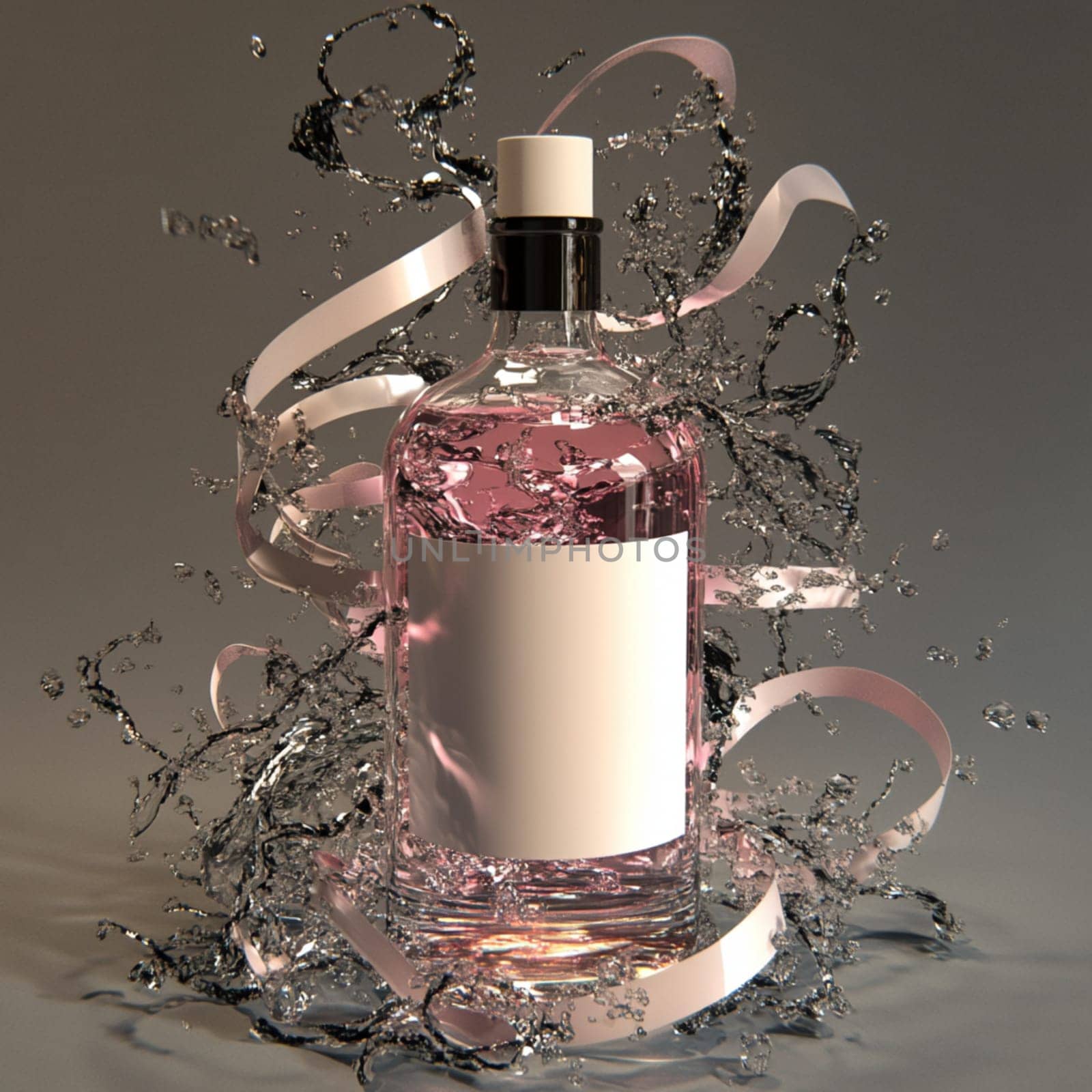 Pink gin bottle is standing in water with red ribbons flying around it and water splashing. The background is light grey