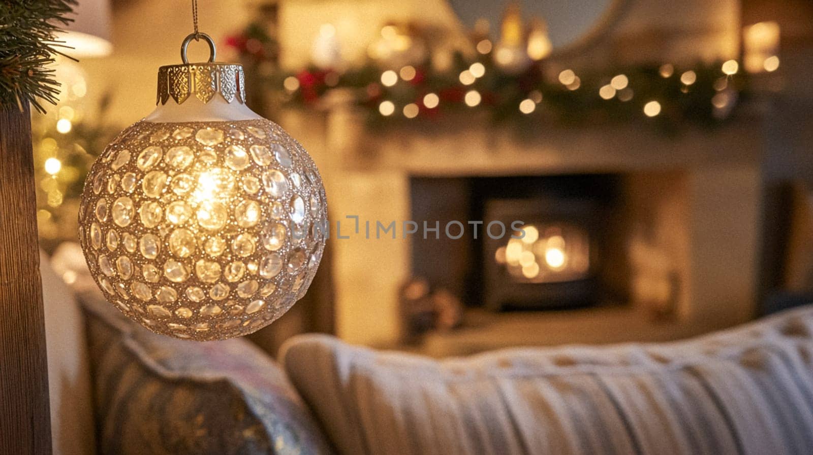 Christmas, holiday decor and country cottage style, cosy atmosphere, decorated Christmas tree in the English countryside house living room with fireplace, interior decoration idea
