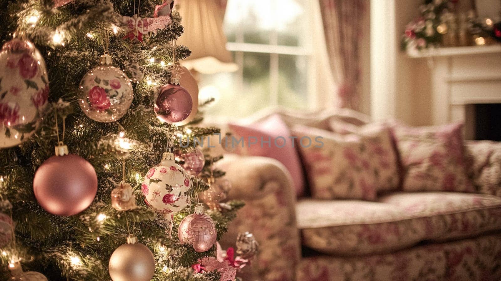 Christmas, holiday decor and country cottage style, cosy atmosphere, decorated Christmas tree in the English countryside house living room with fireplace, interior decoration idea