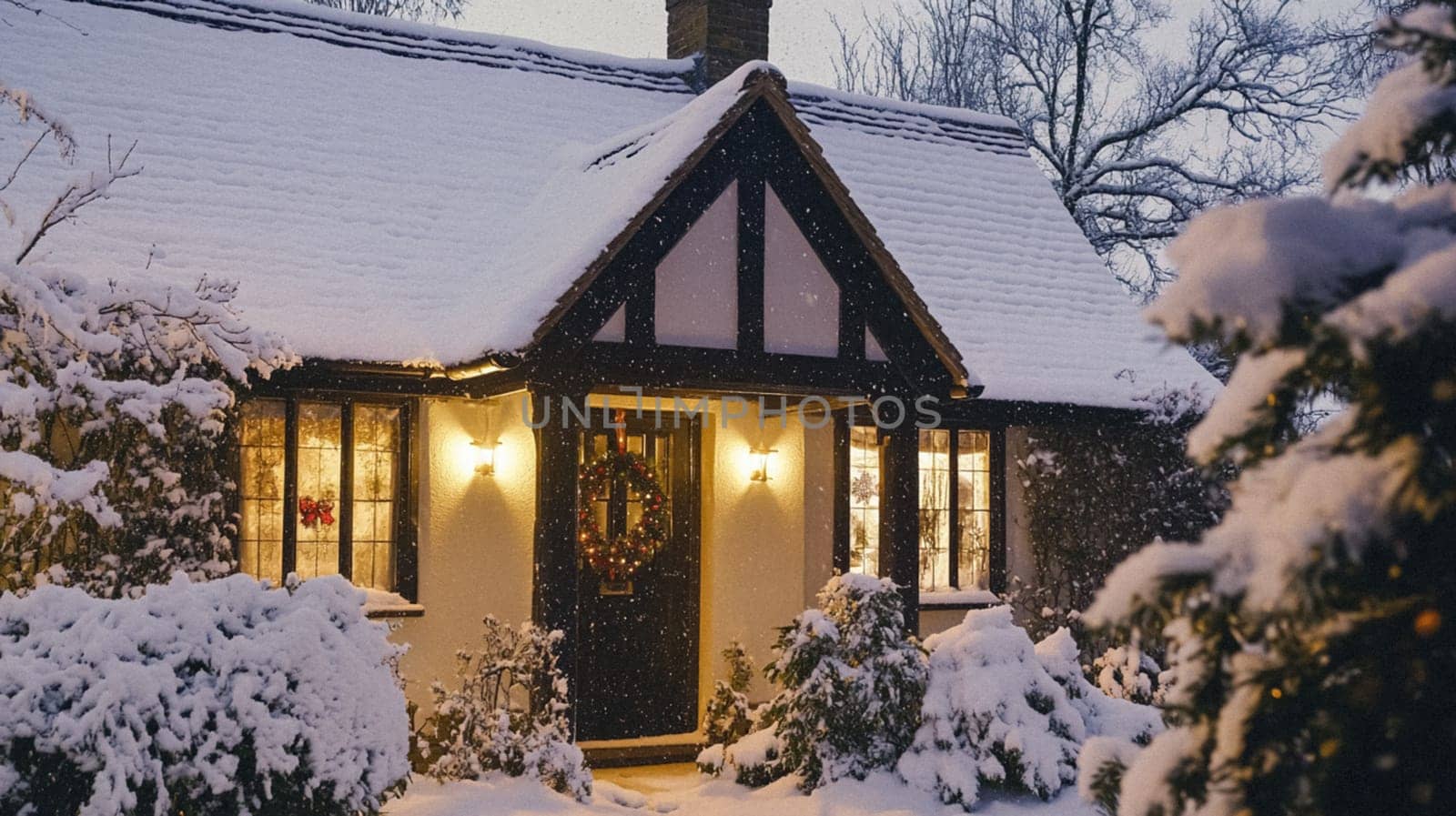 Christmas in the countryside, cottage decorated for holidays on a snowy winter evening with snow and holiday lights, English country styling inspiration