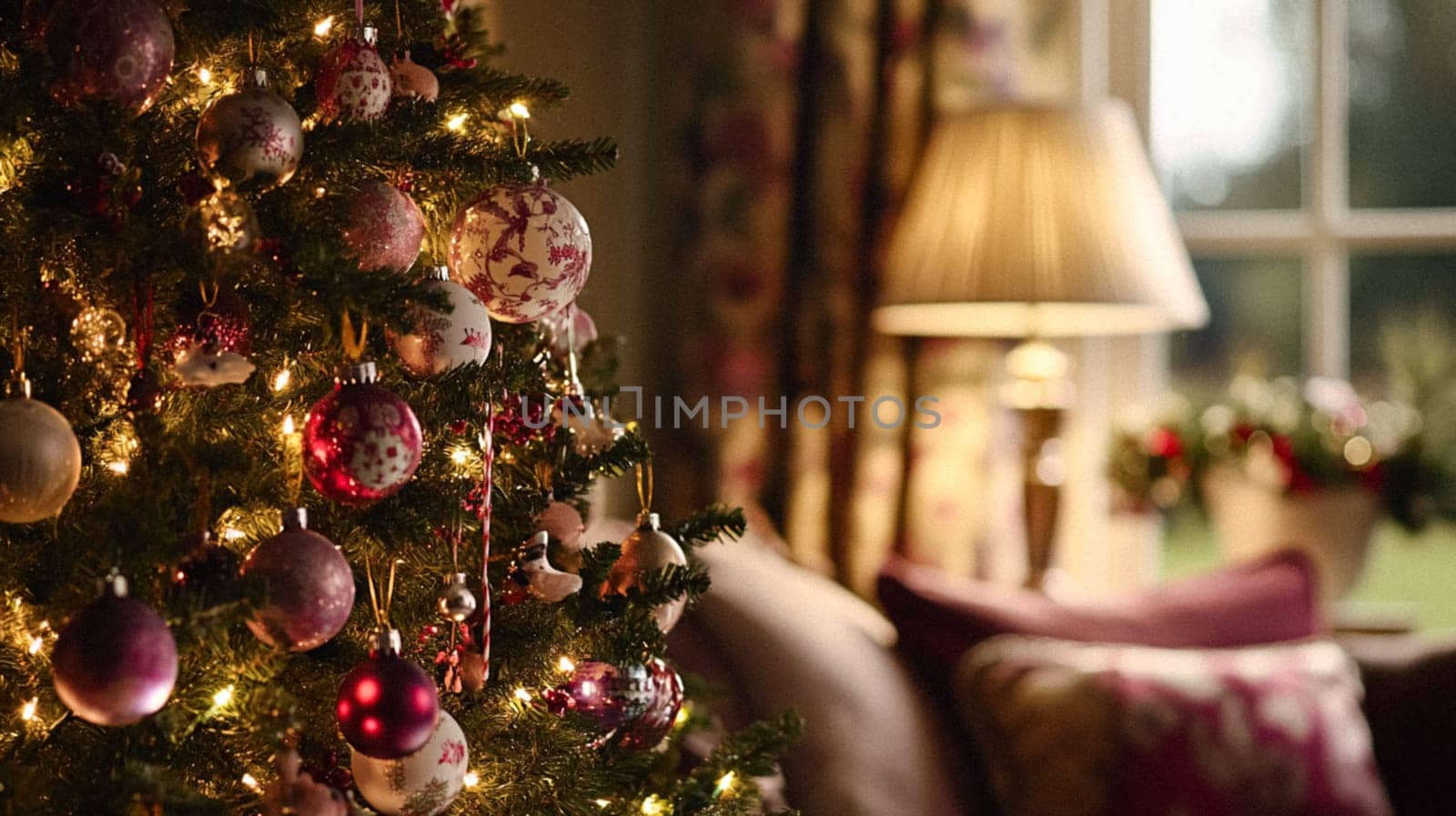 Christmas, holiday decor and country cottage style, cosy atmosphere, decorated Christmas tree in the English countryside house living room with fireplace, interior decoration idea