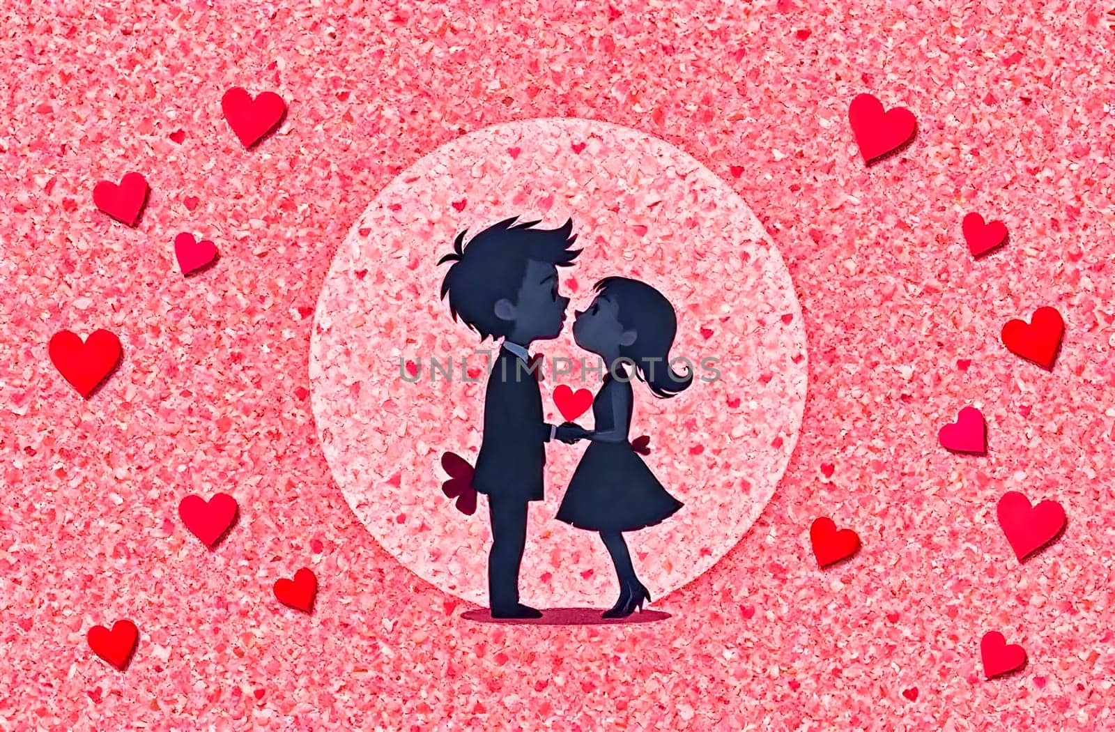 A couple kisses passionately among floating hearts, embodying love and romance on Valentine's day.