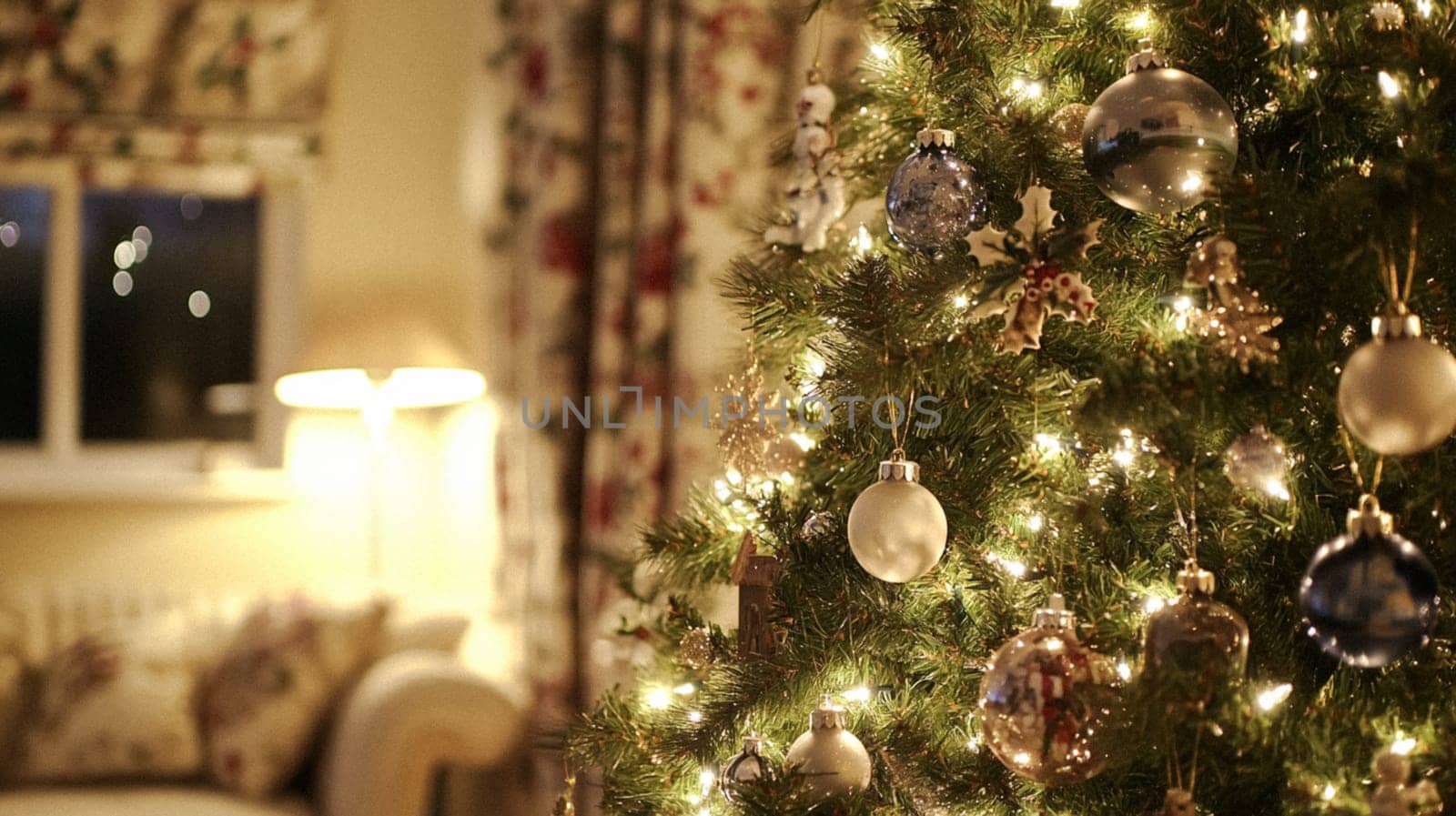 Christmas, holiday decor and country cottage style, cosy atmosphere, decorated Christmas tree in the English countryside house living room with fireplace, interior decoration idea