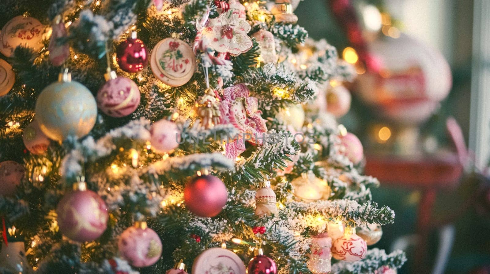 Christmas, holiday decor and country cottage style, cosy atmosphere, decorated Christmas tree in the English countryside house living room with fireplace, interior decoration idea