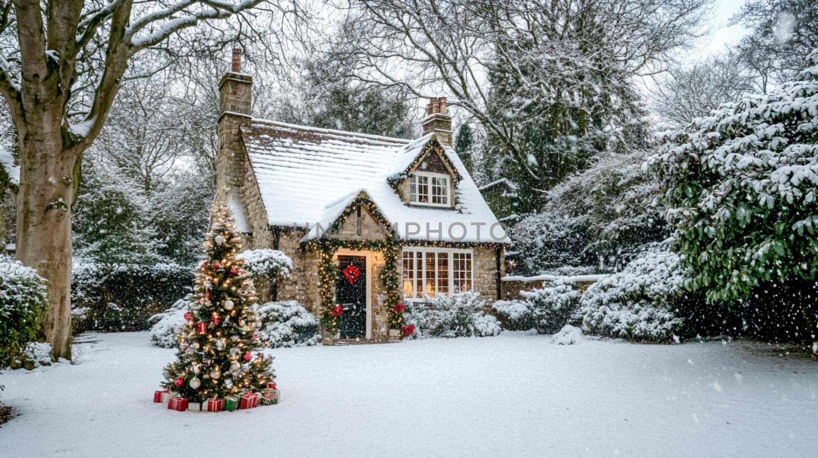 Christmas in the countryside, cottage decorated for holidays on a snowy winter evening with snow and holiday lights, English country styling inspiration