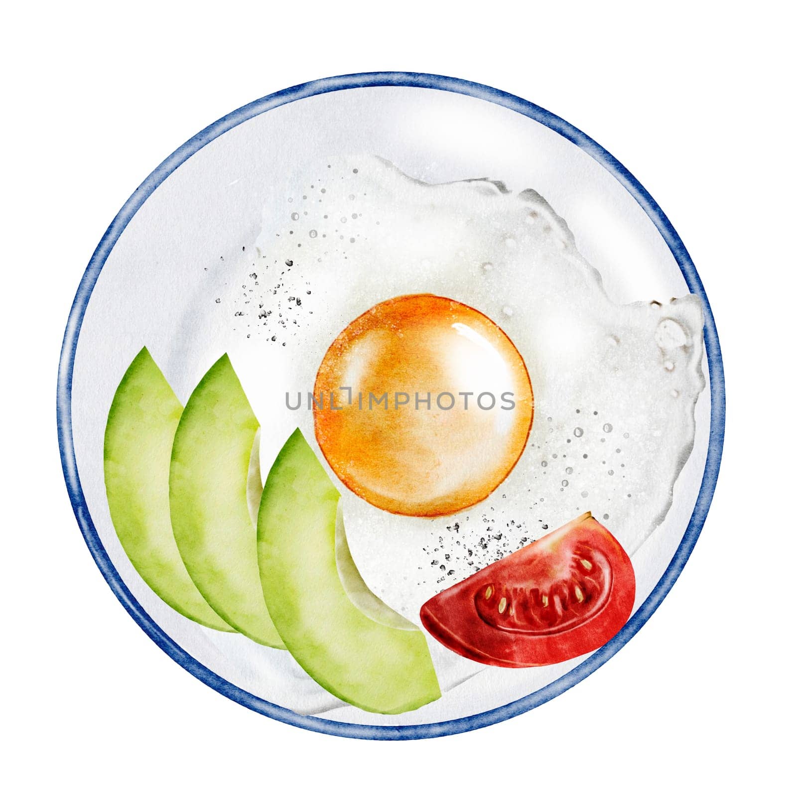 Fried eggs watercolor. Avocado and tomato scramble. Hand drawn breakfast on isolated white background. Food illustration. Ideal for restaurant menus and nutritionist blogs. High quality photo