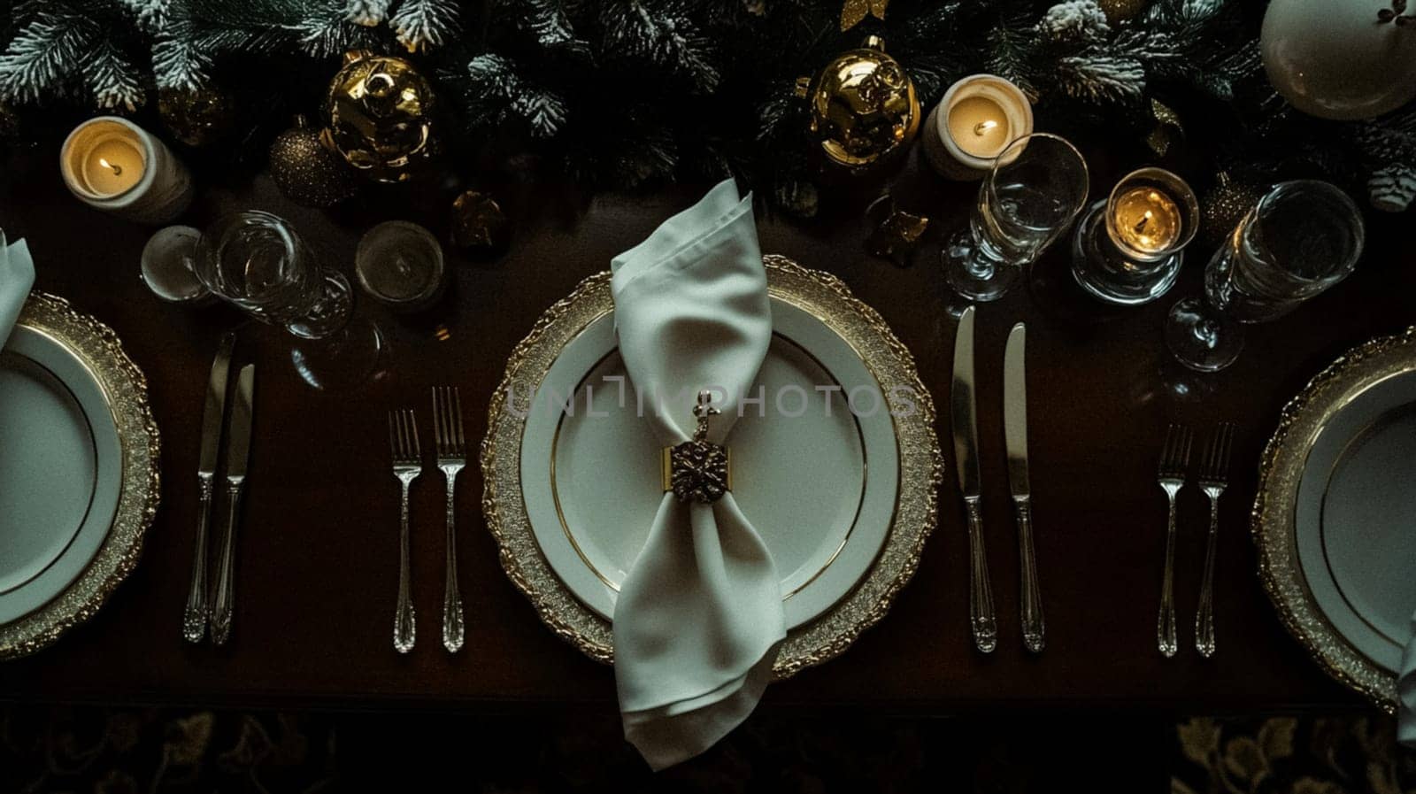 Christmas tablescape decoration, formal family dinner holiday celebration, luxury table setting decor, English country and home style idea