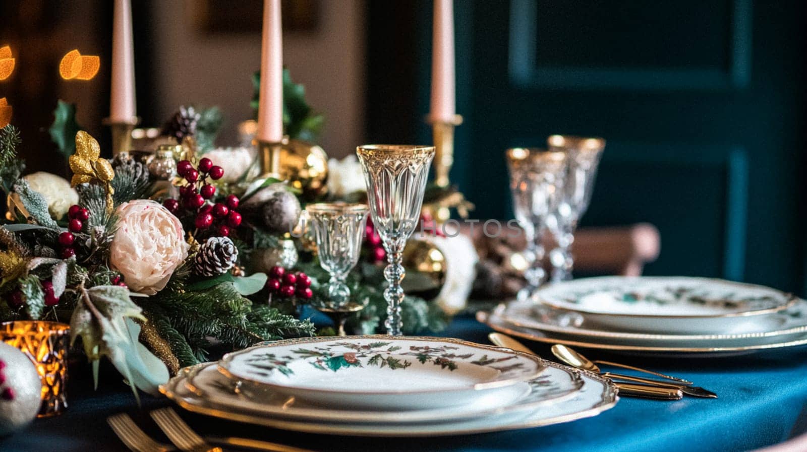 Christmas tablescape decoration, formal family dinner holiday celebration, luxury table setting decor, English country and home style idea