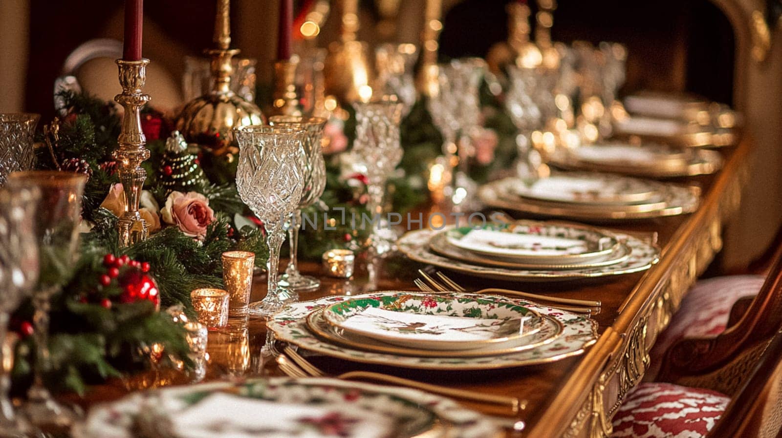 Christmas tablescape decoration, formal family dinner holiday celebration, luxury table setting decor, English country and home style idea