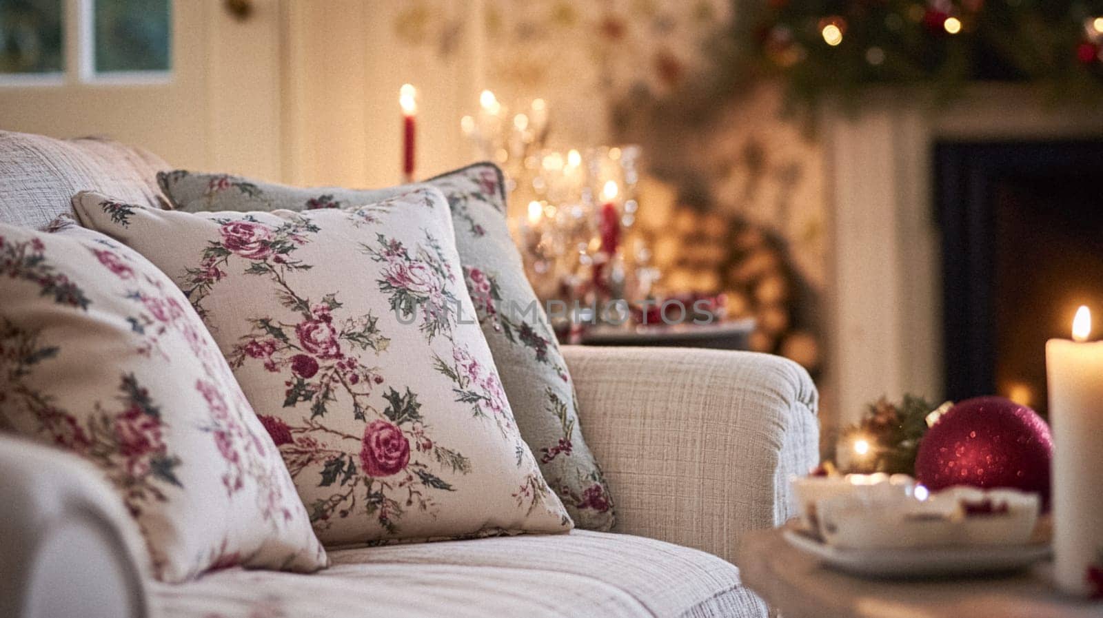 Christmas, holiday decor and country cottage style, cosy atmosphere, decorated Christmas tree in the English countryside house living room with fireplace, interior decoration idea