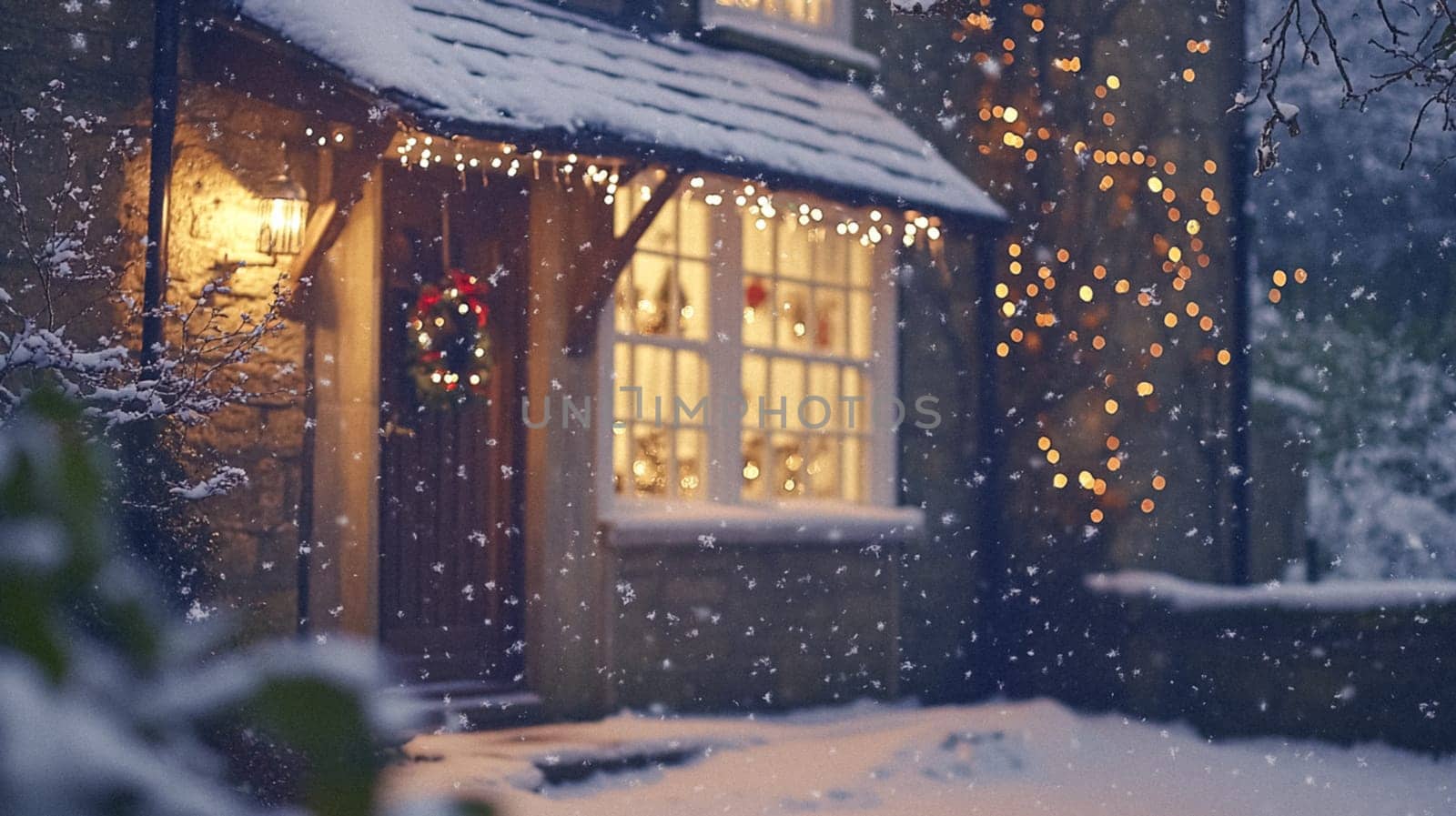 Christmas in the countryside, cottage decorated for holidays on a snowy winter evening with snow and holiday lights, English country styling inspiration