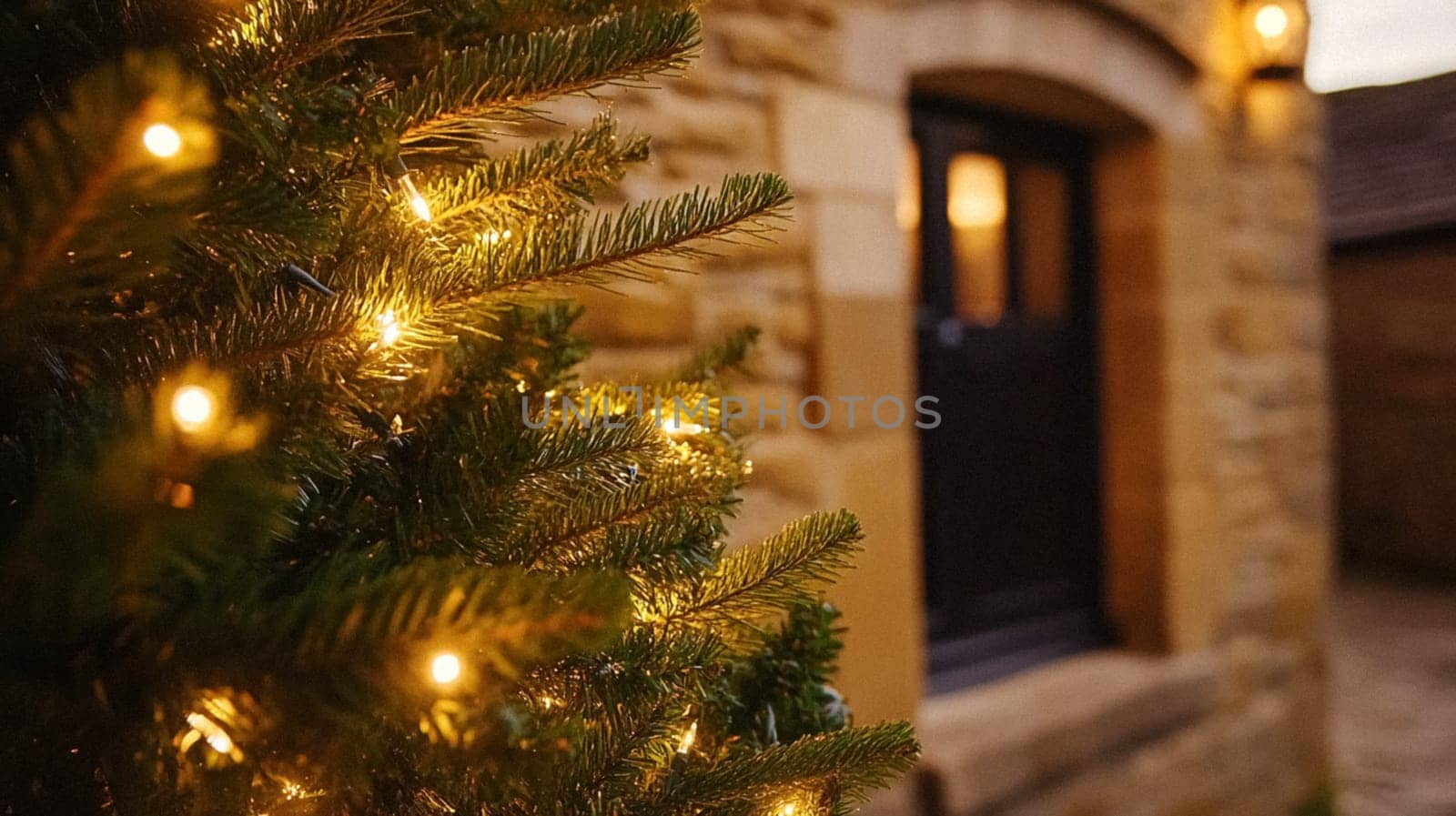 Christmas, holiday decor and country cottage style, cosy atmosphere, decorated Christmas tree in the English countryside house living room with fireplace, interior decoration idea