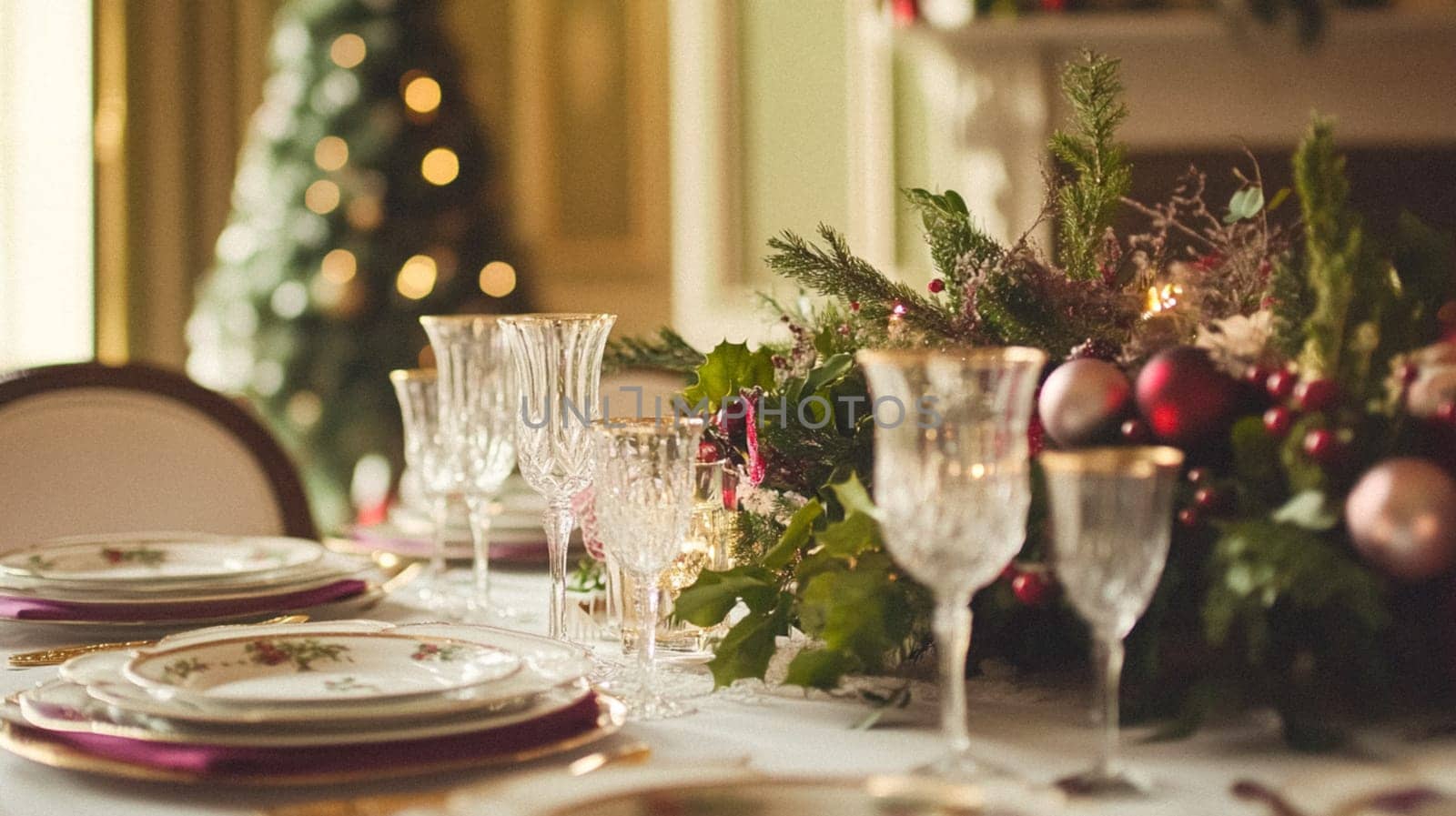 Christmas tablescape decoration, formal family dinner holiday celebration, luxury table setting decor, English country and home style idea