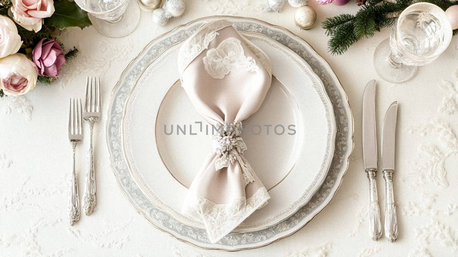 Christmas tablescape decoration, formal family dinner holiday celebration, luxury table setting decor, English country and home style idea