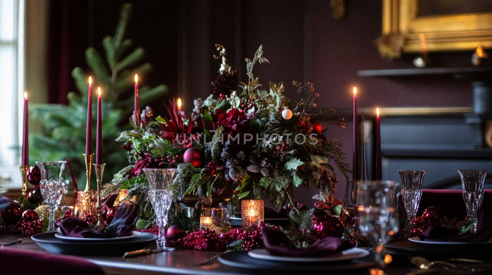 Christmas tablescape decoration, formal family dinner holiday celebration, luxury table setting decor, English country and home style idea