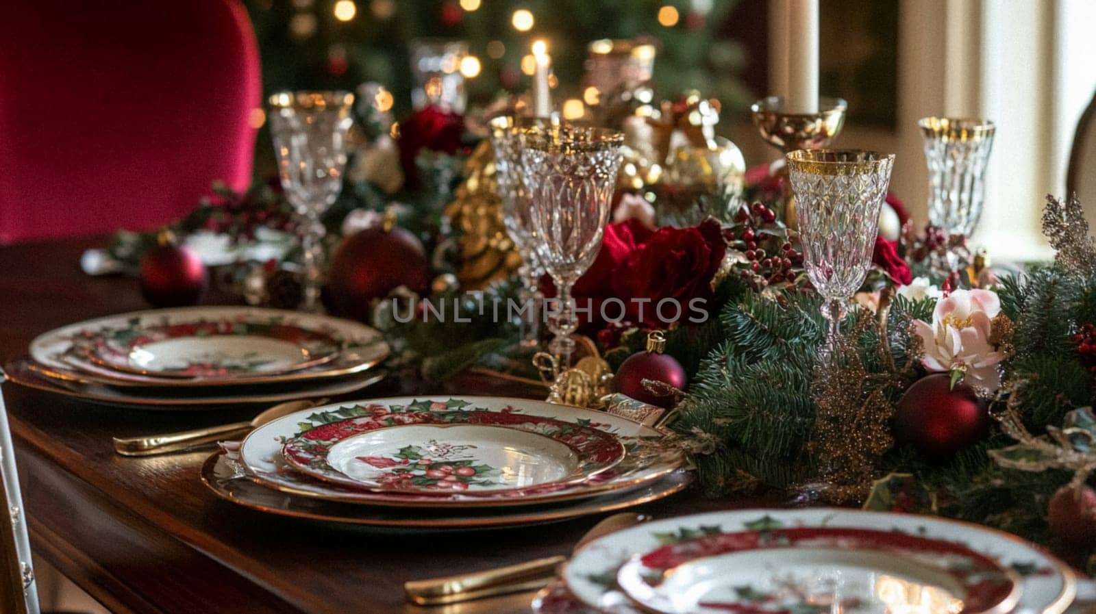 Christmas tablescape decoration, formal family dinner holiday celebration, luxury table setting decor, English country and home style idea