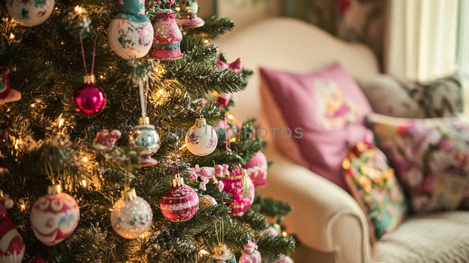 Christmas, holiday decor and country cottage style, cosy atmosphere, decorated Christmas tree in the English countryside house living room with fireplace, interior decoration idea