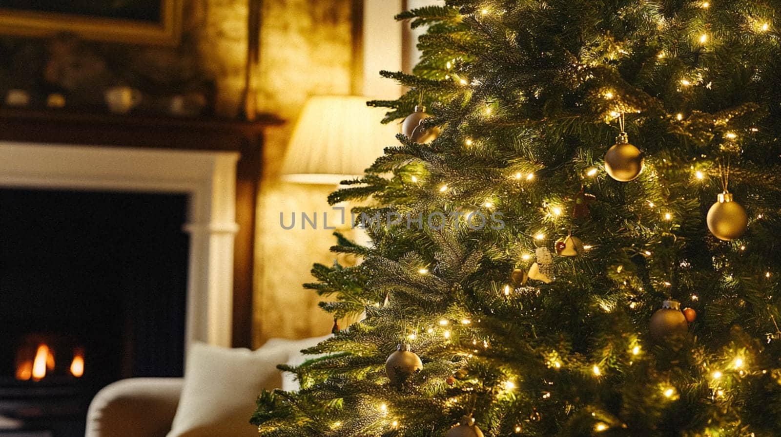 Christmas, holiday decor and country cottage style, cosy atmosphere, decorated Christmas tree in the English countryside house living room with fireplace, interior decoration idea