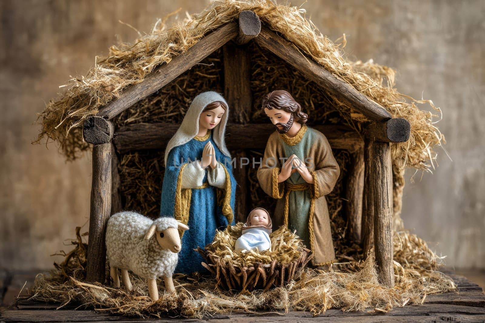 Christmas creche with Joseph Mary and small Jesus